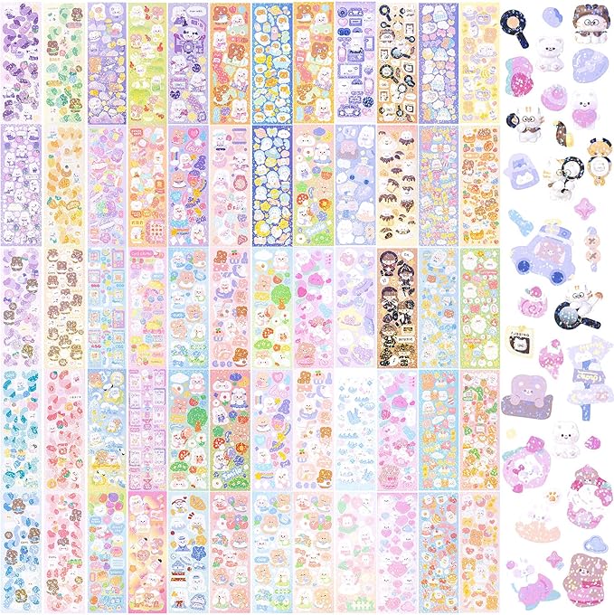 60 Sheets Korean Stickers Kpop Deco Stickers for Photocard Self Adhesive Colorful Stickers Cute Korean Stickers with Rabbit Bear Flower Cake for DIY Arts Craft Cards Scrapbooking Valentine Gift
