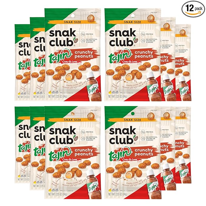 Snak Club Tajin Crunchy Peanuts, Nuts with Chili and Lime Seasoning, Mild, 2.25 oz Snack Bags, 12 Pack