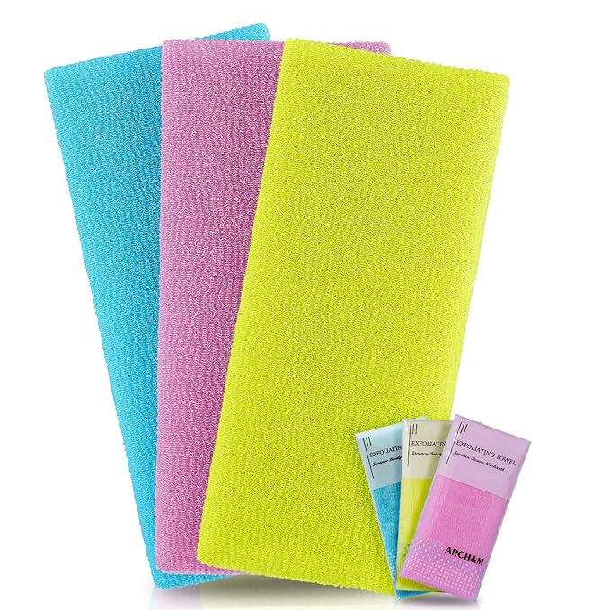 ARCH&M 12-Pack Premium Nylon Exfoliating Towel - 35-Inch Quick-Dry, Hygienic Japanese Washcloth for Body & Back - Durable, Machine Washable, Long-Lasting