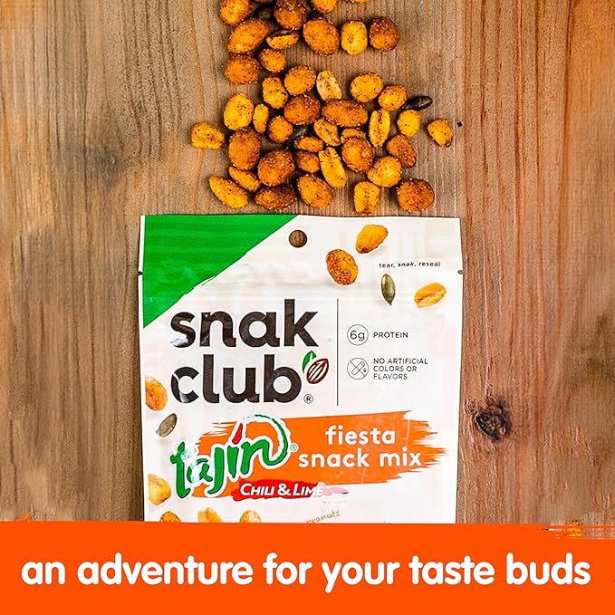 Snak Club Tajin Fiesta Snack Mix, Peanuts, Crunchy Peanuts, Toasted Corn, and Pepitas with Chili and Lime Seasoning, Mild, No Artificial Colors or Flavors, 4 oz Resealable Bags, 6 Pack