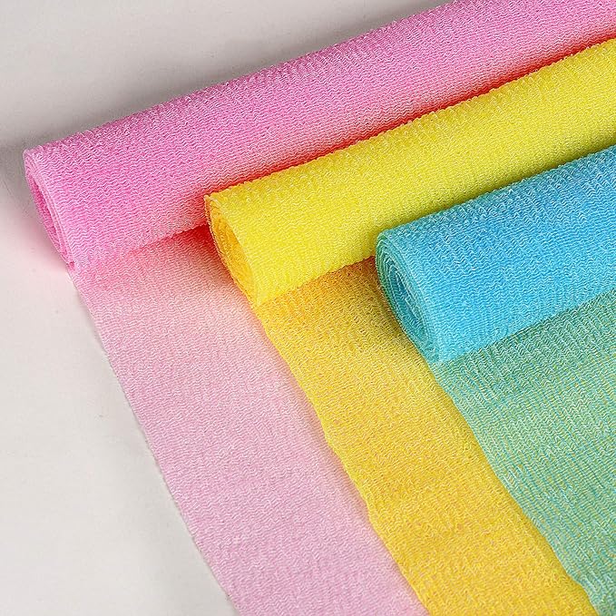ARCH&M Exfoliating Washcloth (3 Pack), Japanese Body Scrubber for Shower, Long Nylon Towel for Back, Korean Exfoliation for Glowing Skin (Gray Black Off-White)