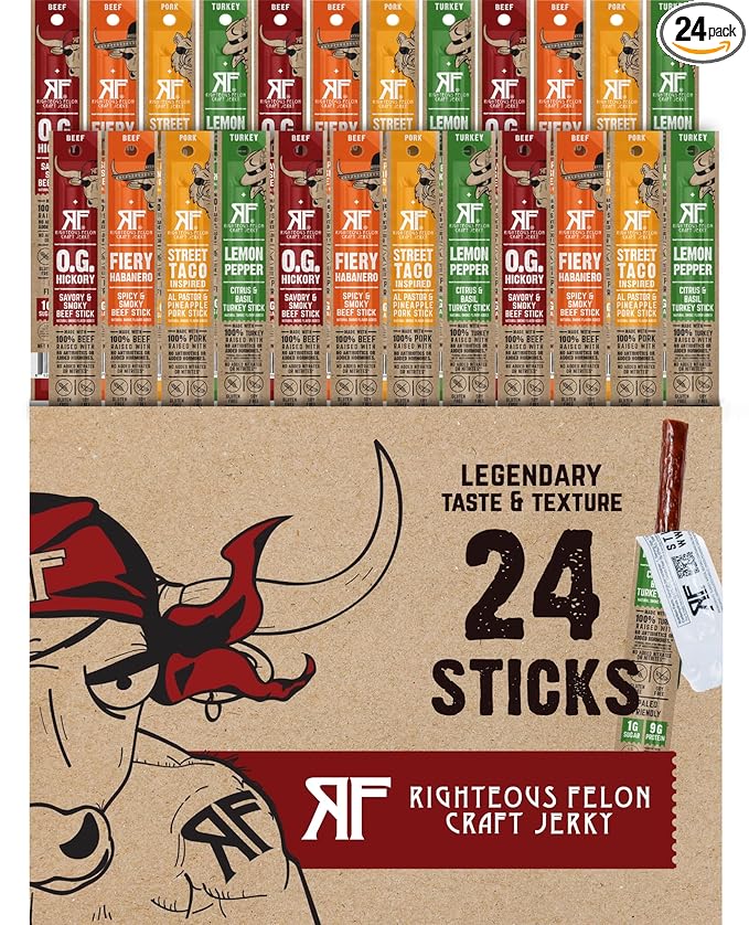 Righteous Felon Meat Sticks Variety Pack | Healthy Snack for Adults | Gluten Free & Keto Meat Sticks | Low Sugar & High Protein | Turkey, Pork, Beef Sticks | Jerky Gifts for Men | 24 Pack