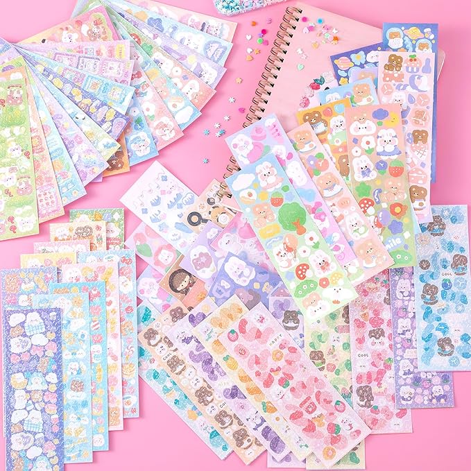 60 Sheets Korean Stickers Kpop Deco Stickers for Photocard Self Adhesive Colorful Stickers Cute Korean Stickers with Rabbit Bear Flower Cake for DIY Arts Craft Cards Scrapbooking Valentine Gift