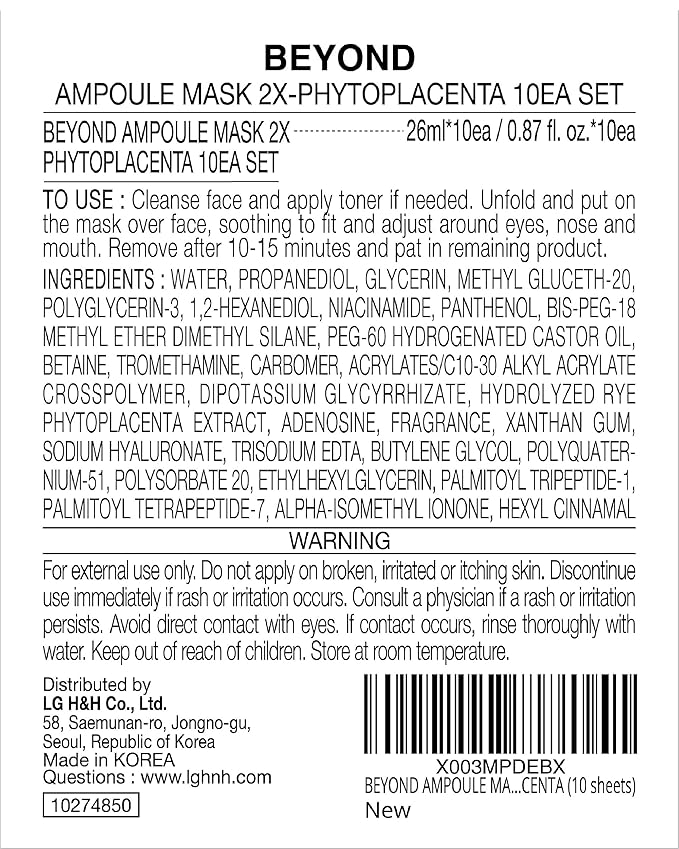 BEYOND Intensive Ampoule Mask 2X Phytoplacenta (25ml/0.85fl oz * 10 sheets) - Dermatologically Tested Hypoallergenic Sheet Masks for Improved Skin Elasticity