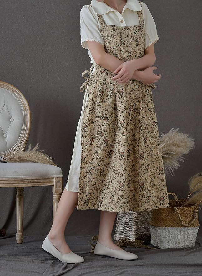 Pinafore Apron Dress，Japanese Cotton Linen Cross Back Apron for Women with Pockets，Pinafore Dress with Waist Ties (Brown flower)
