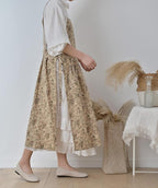 Pinafore Apron Dress，Japanese Cotton Linen Cross Back Apron for Women with Pockets，Pinafore Dress with Waist Ties (Brown flower)