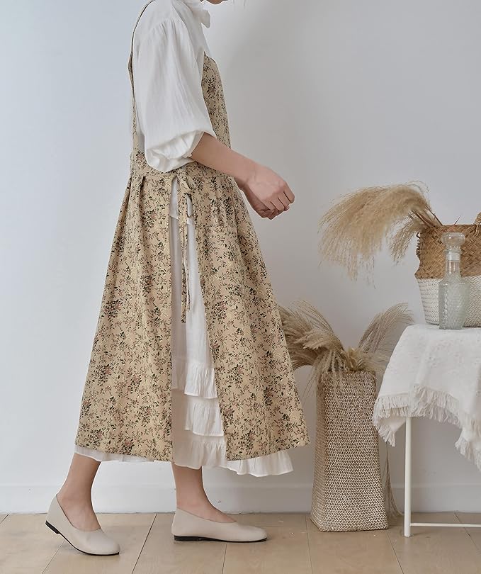 Pinafore Apron Dress，Japanese Cotton Linen Cross Back Apron for Women with Pockets，Pinafore Dress with Waist Ties (Brown flower)