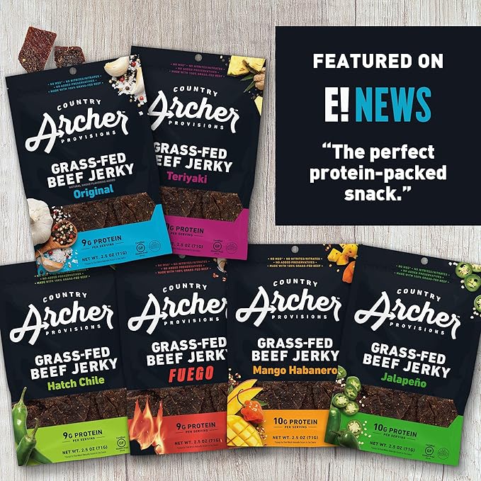 Country Archer Grass-Fed Beef Jerky - Beef Jerky Snack Pack, Beef Jerky Bulk, Individual Beef Jerky Pack, Protein Snack, Country Archer Beef Jerky, Gluten Free, Paleo - Mango Habanero, 2.5 oz (4 Pack)