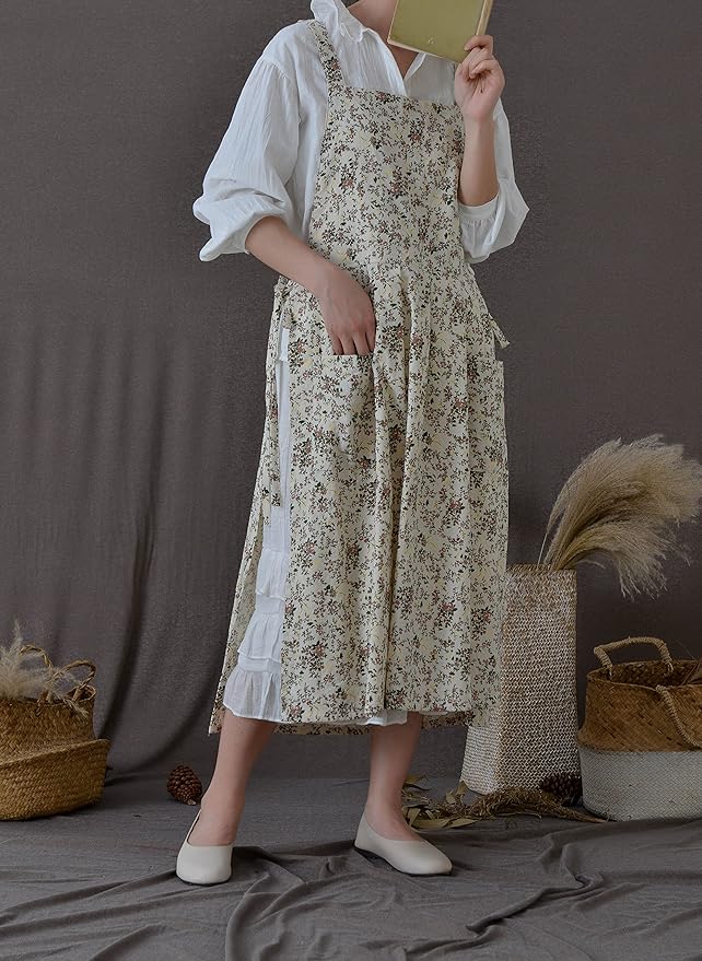 Pinafore Apron Dress，Japanese Cotton Linen Cross Back Apron for Women with Pockets，Pinafore Dress with Waist Ties (White flower)