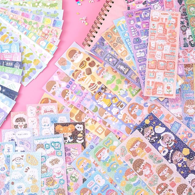 60 Sheets Heart Kpop Stickers for Photocards Kawaii Rabbit Bear Korean Deco Stickers Self Adhesive Card Valentines Stickers for Scrapbooking Arts Craft Gift Teens