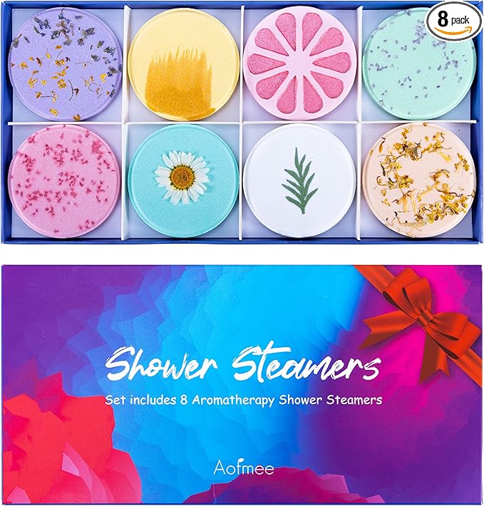 Aofmee Shower Steamers Aromatherapy - Pack of 8 Shower Bombs with Essential Oils for Relaxation, Christmas Gifts Birthday Gifts for Women and Men, Stress Relief and Luxury Self Care Shower Bath Bombs