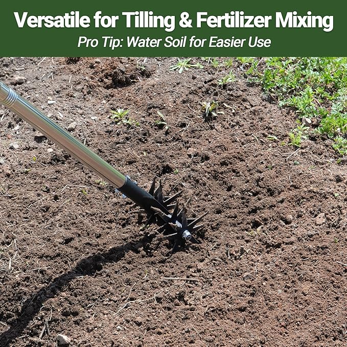 66in Rotary Cultivator with Tempered Spring Steel Tines and Adjustable Stainless Steel Handle Manual Garden Tiller Tool for Loosening Soil Mixing Fertilizer