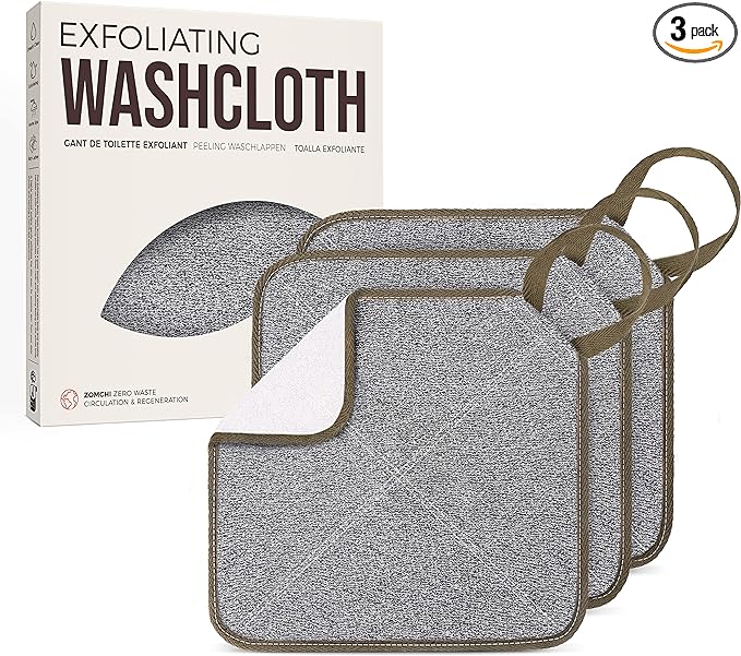ZOMCHI 3 Pack Exfoliating Washcloth, Premium Facial and Body Wash Cloths with Softness and Scrubbing Two Sides, Bath Cloths for Women and Men (Smoke)